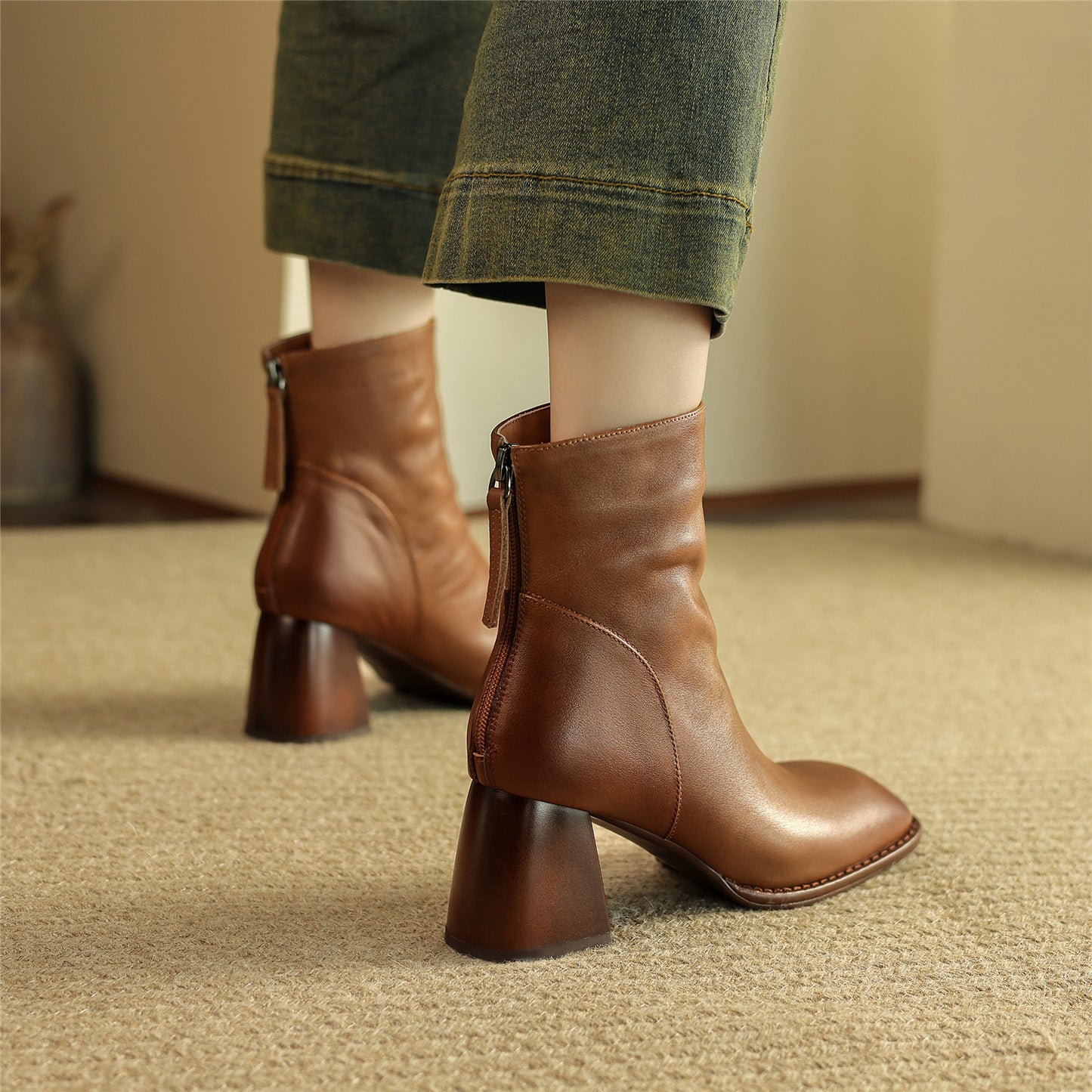 TinaCus Genuine Leather Women's Chunky Heel Handmade Back Zip Up Square Toe Ankle Boots