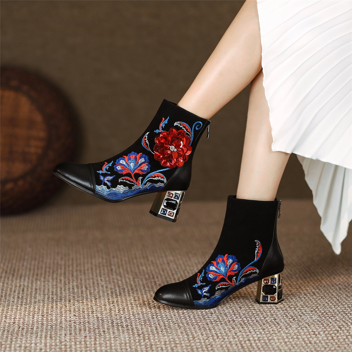 TinaCus Women's Genuine Leather Embroidery Handmade Flowers Crystal Chunky Heel Zip Up Ankle Boots