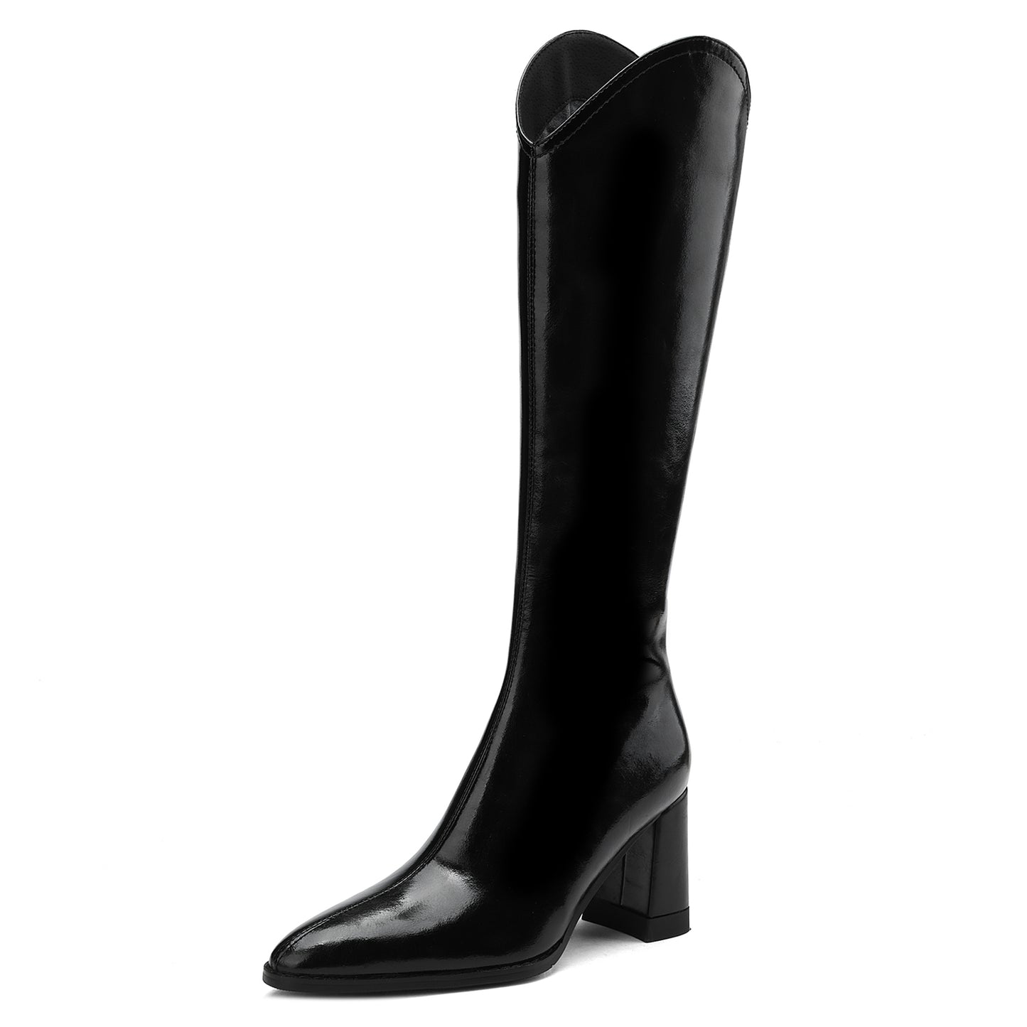 TinaCus Handmade Women's Genuine Leather Pointed Toe Half Zip Chunky Heel Knee High Boots