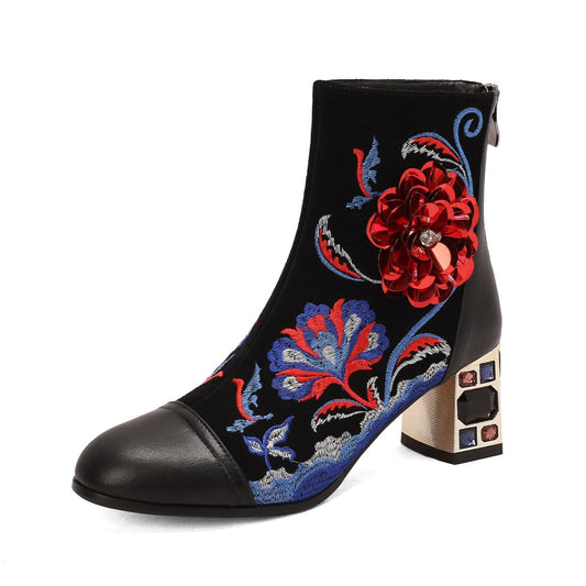 TinaCus Women's Genuine Leather Embroidery Handmade Flowers Crystal Chunky Heel Zip Up Ankle Boots