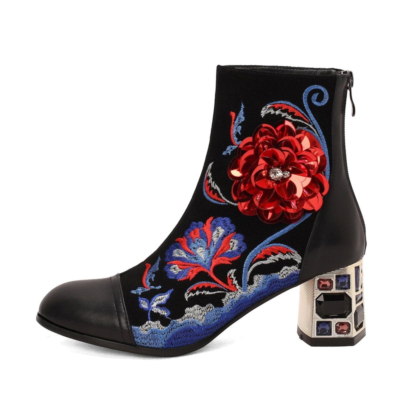 TinaCus Women's Genuine Leather Embroidery Handmade Flowers Crystal Chunky Heel Zip Up Ankle Boots