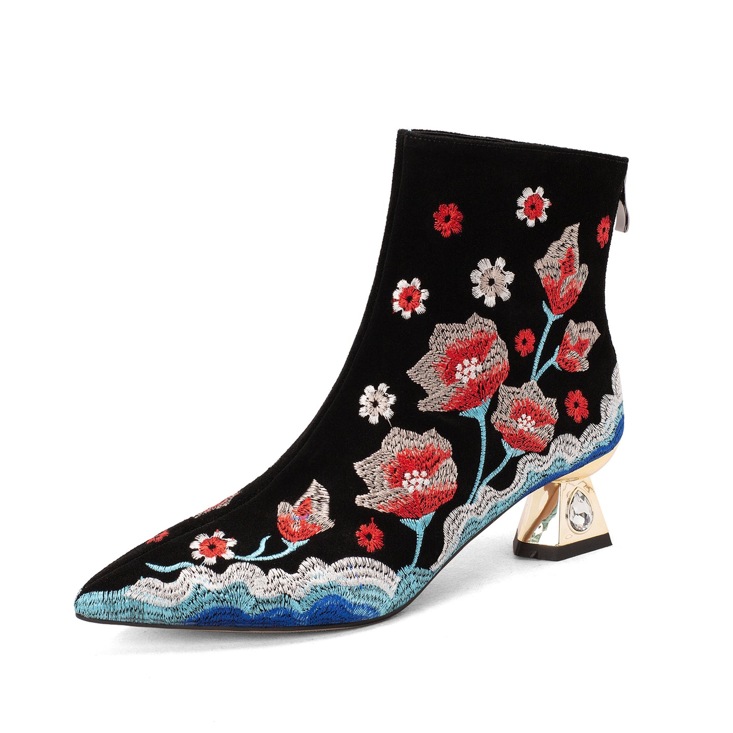 TinaCus Women's Embroidery Floral Pattern Suede Leather Handmade Mid Heel Back Zip Ankle Boots