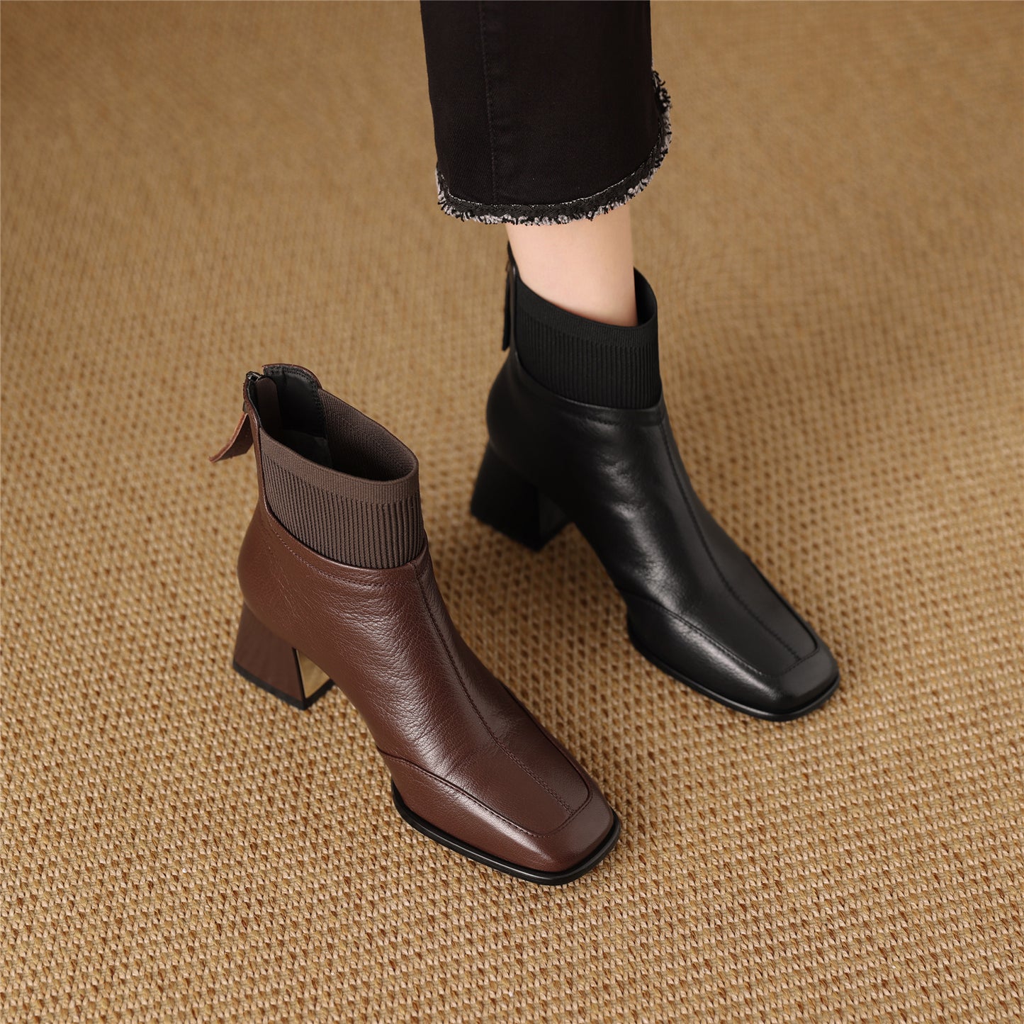 TinaCus Handmade Women's Genuine Leather Block Heel Back Zip Up Ankle Boots