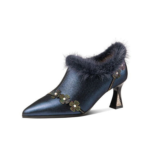 TinaCus Handmade Women's Genuine Leather Furry Floral Side Zip Pointed Toe Mid Spool Rhinestone Heel Pumps