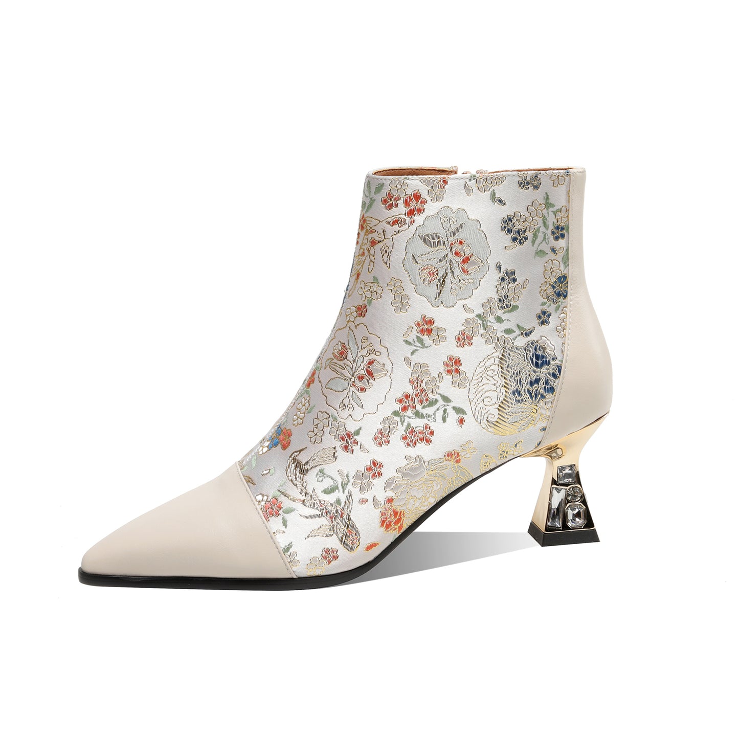 TinaCus Women's Handmade Genuine Leather Embroidered Flowers Crystal Heel Side Zip Ankle Boots