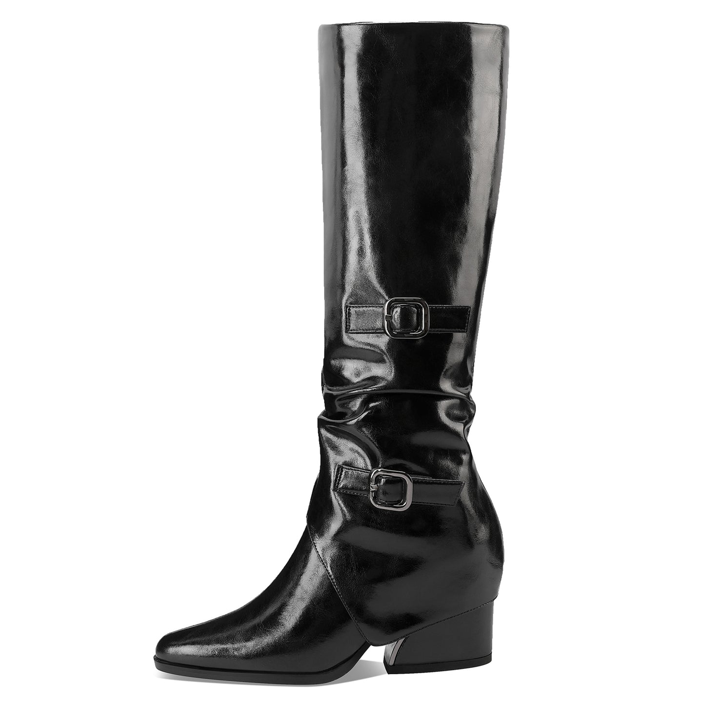 TinaCus Handmade Women's Genuine Leather Pointed Toe Chunky Heel  Side Zip Up Buckles Knee High Boots