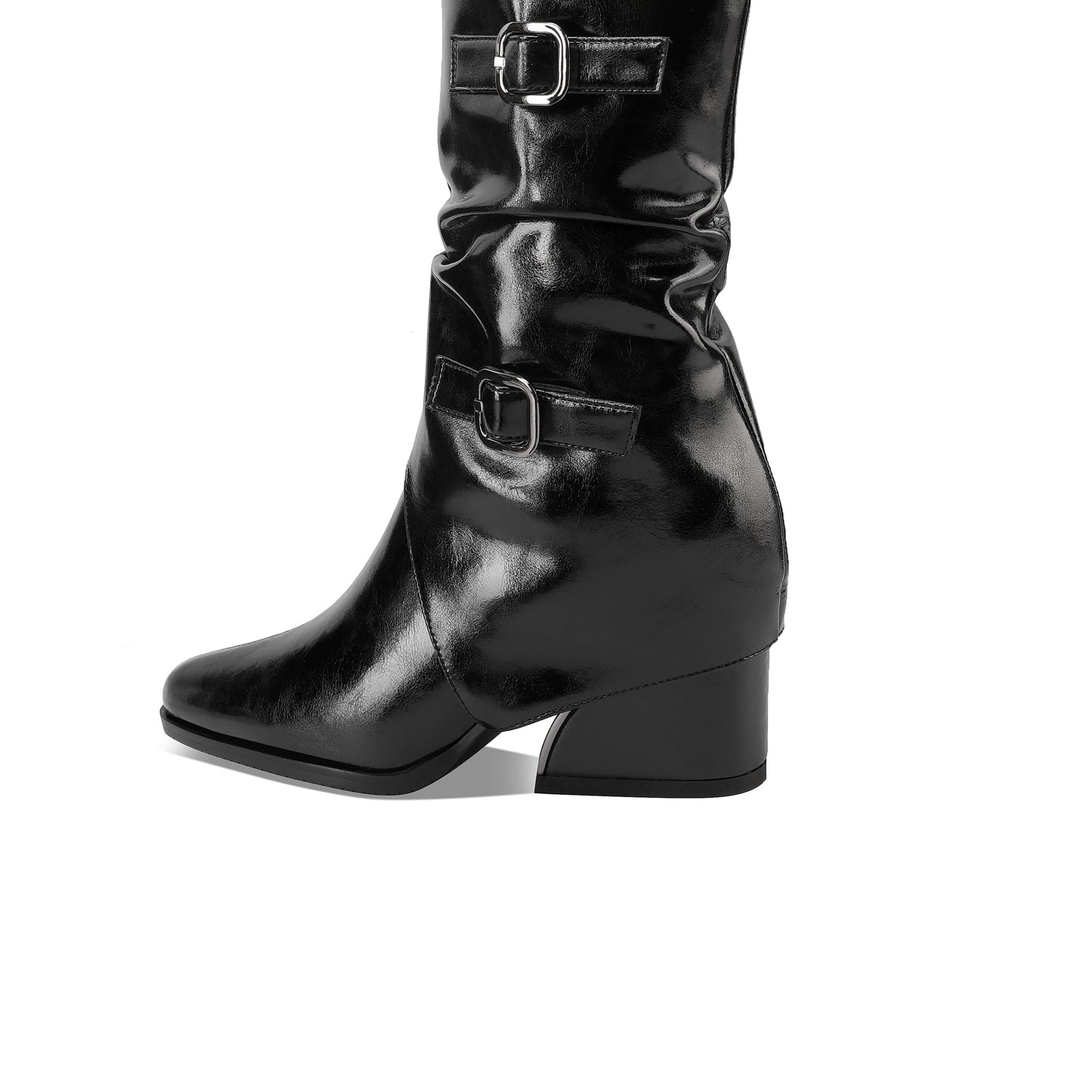 TinaCus Handmade Women's Genuine Leather Pointed Toe Chunky Heel  Side Zip Up Buckles Knee High Boots