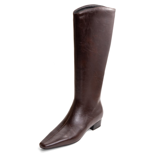 TinaCus Handmade Women's Genuine Leather Chunky Heel Side Half Zip Knee High Boots