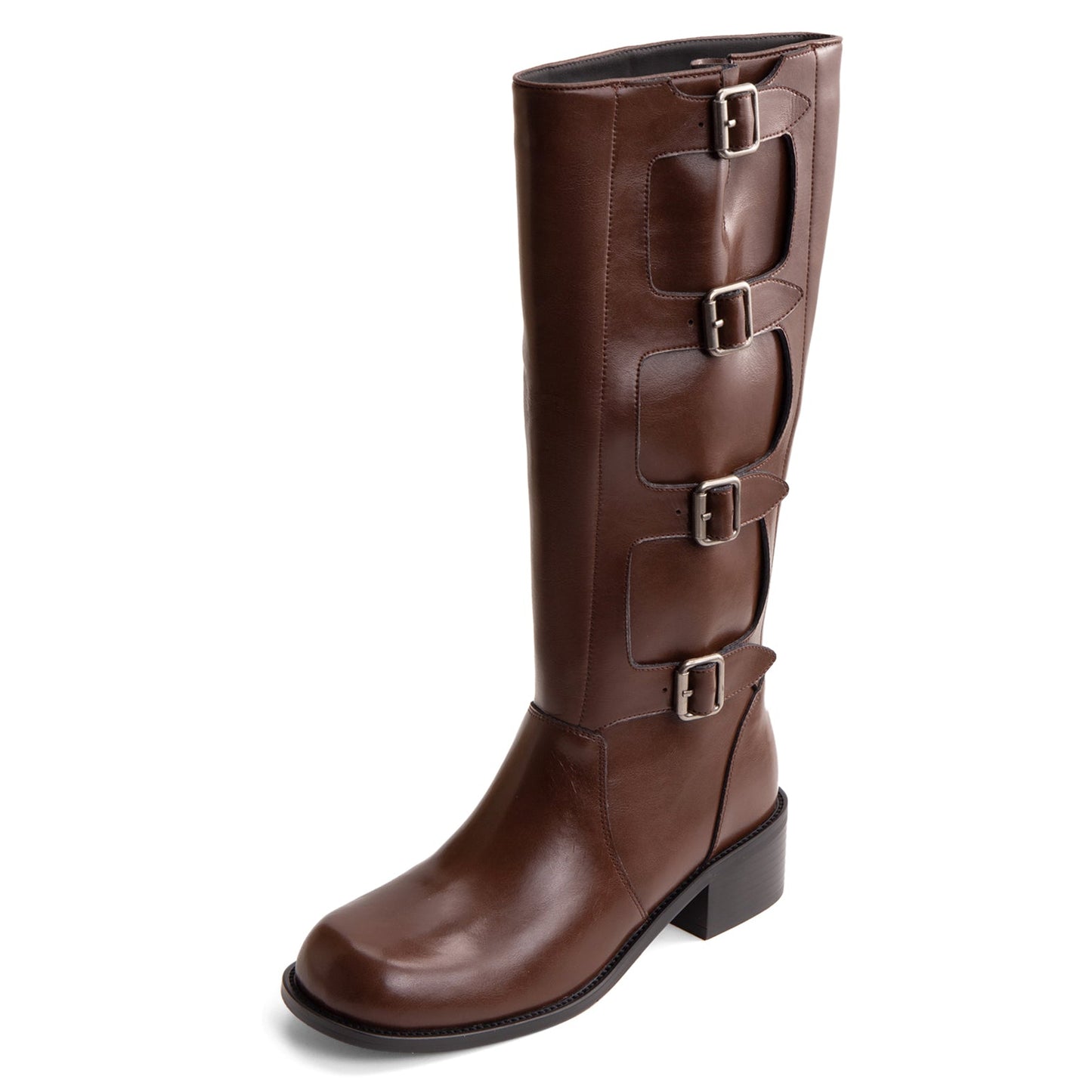 TinaCus Handmade Women's Genuine Leather Round Toe Chunky Heel Buckles Modern Knee High Boots