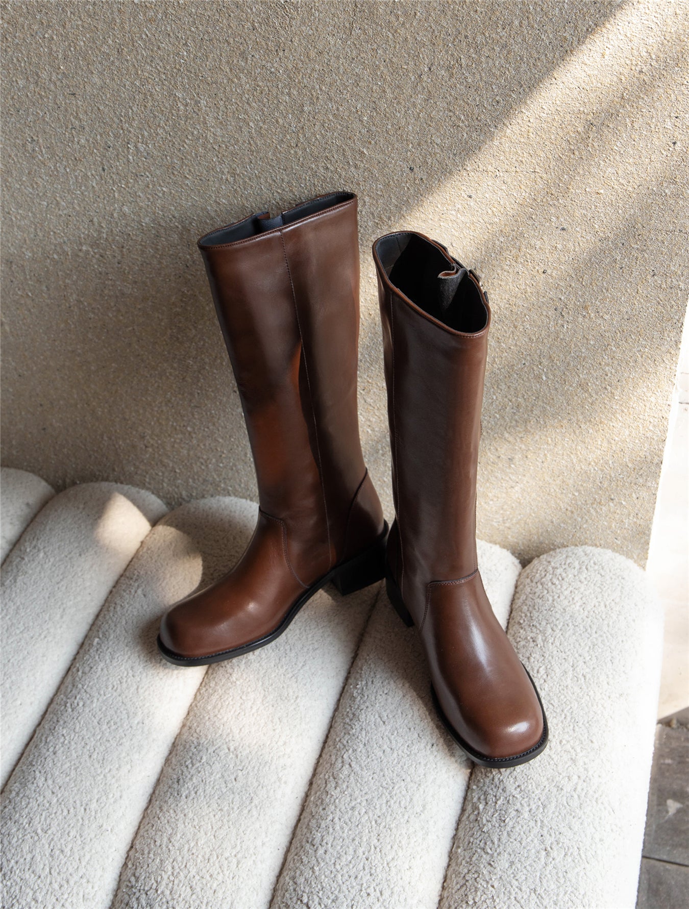 TinaCus Handmade Women's Genuine Leather Round Toe Chunky Heel Buckles Modern Knee High Boots