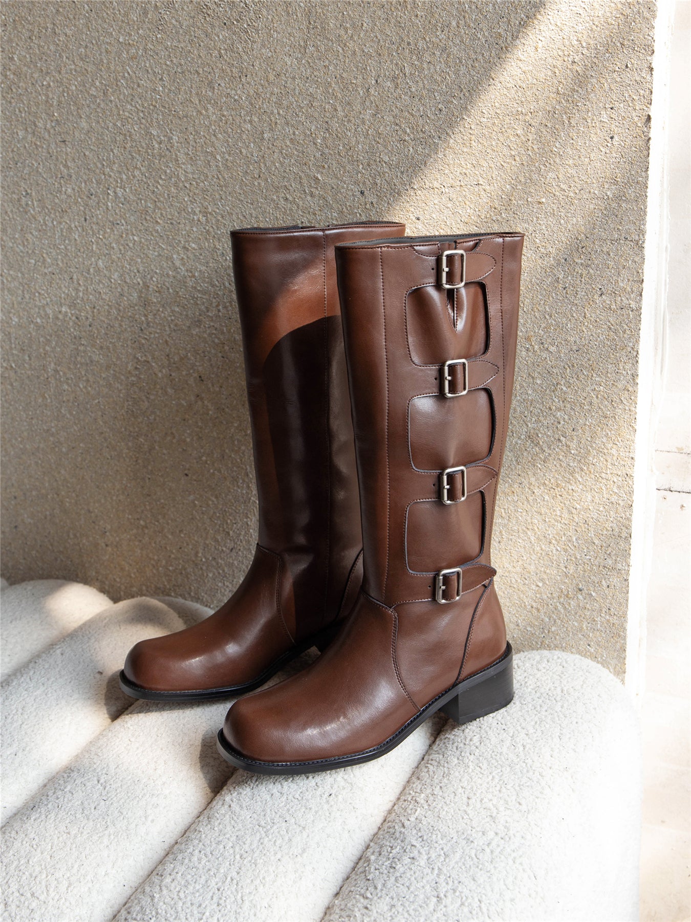 TinaCus Handmade Women's Genuine Leather Round Toe Chunky Heel Buckles Modern Knee High Boots