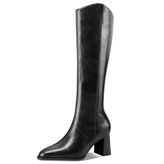 TinaCus Handmade Women's Genuine Leather Pointed Toe Chunky Heel Easy Side Zipper Knee High Boots