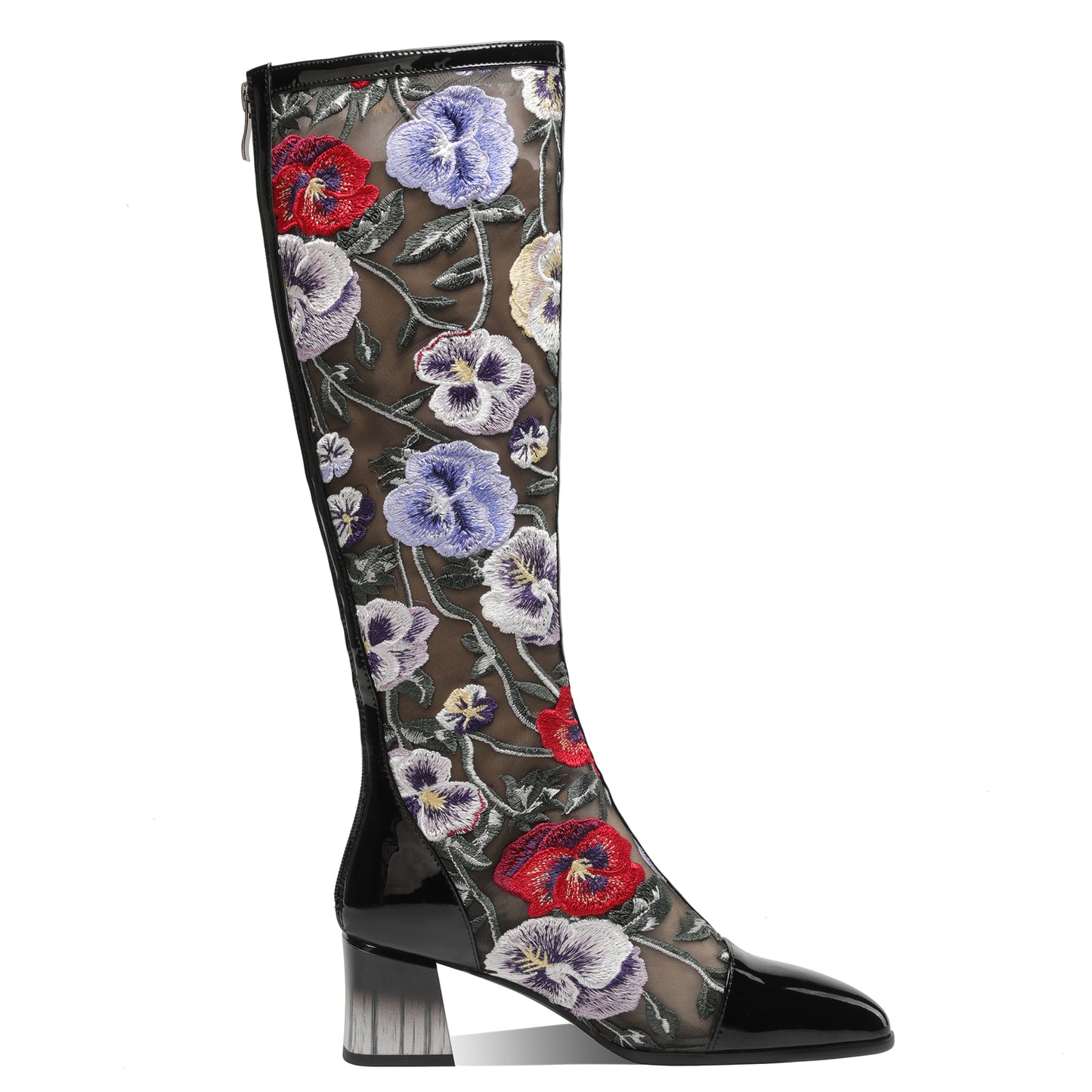 TinaCus Women's Genuine Leather Mesh Embroidery Flowers Block Heel Handmade Back Zip Summer Knee High Boots