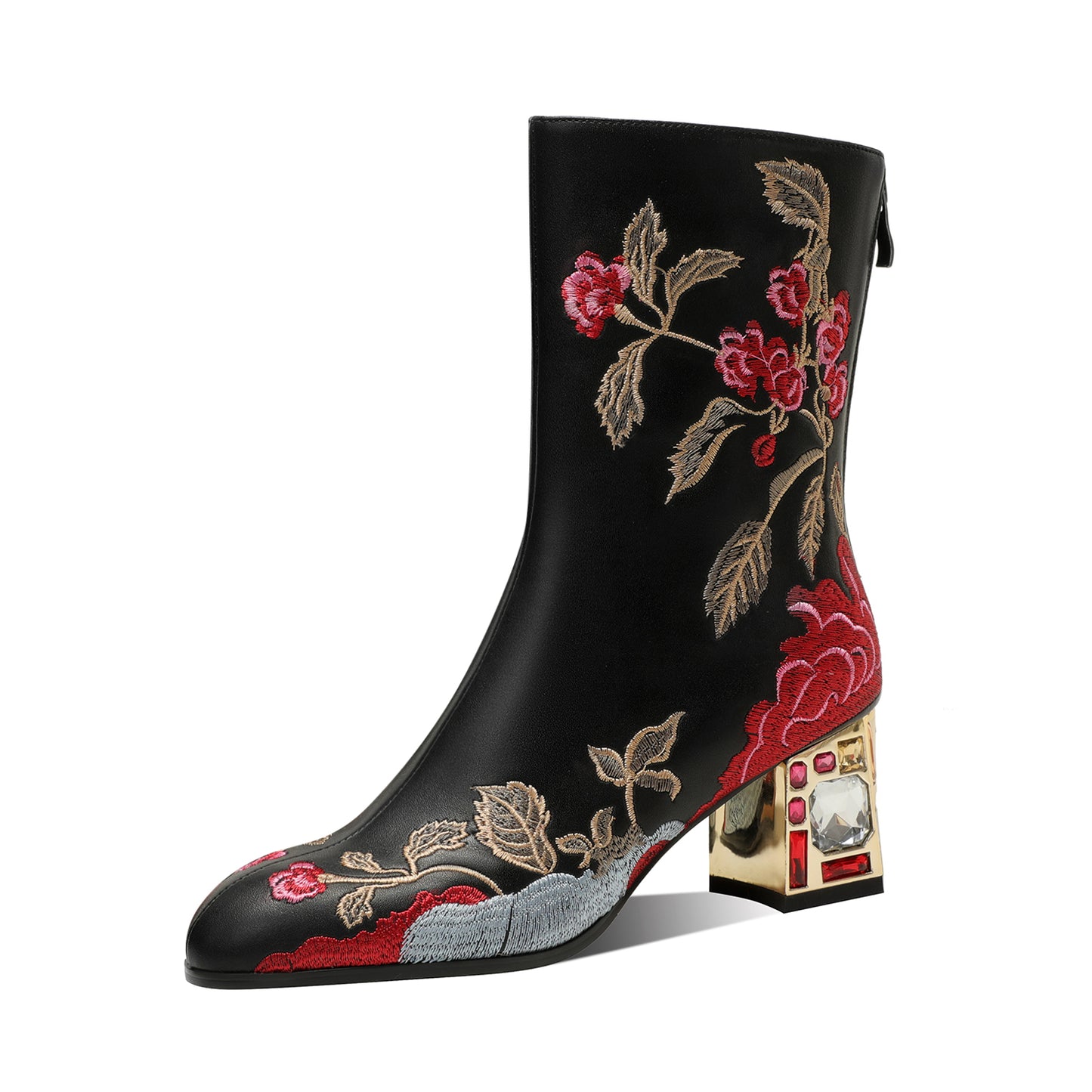 TinaCus Women's Genuine Leather Embroidery Flowers Handmade Crystal Chunky Heel Zip Up Boots