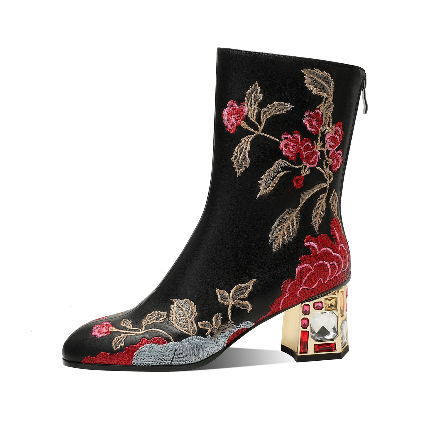 TinaCus Women's Genuine Leather Embroidery Flowers Handmade Crystal Chunky Heel Zip Up Boots