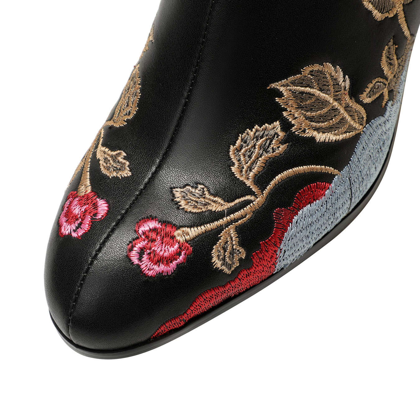 TinaCus Women's Genuine Leather Embroidery Flowers Handmade Crystal Chunky Heel Zip Up Boots