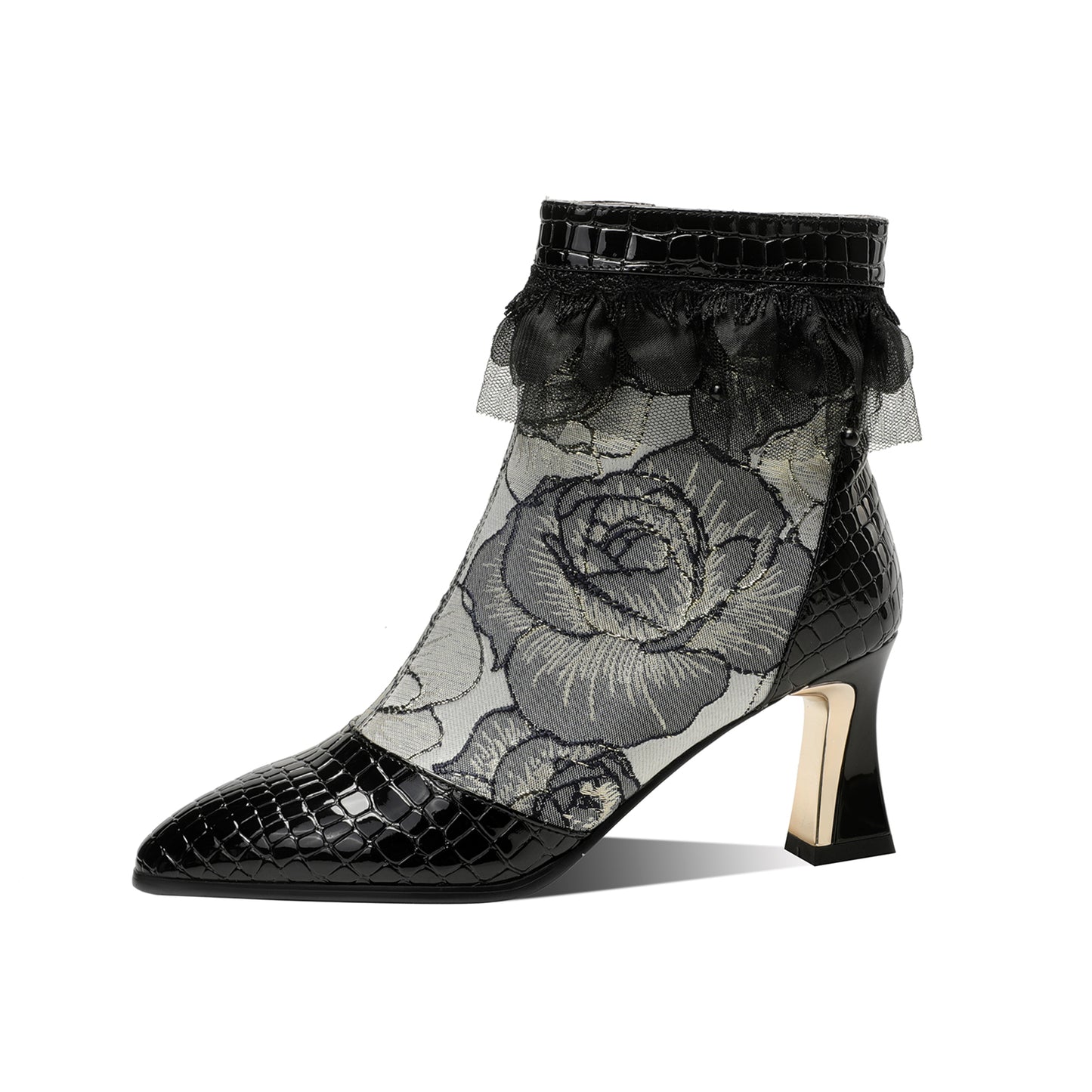 TinaCus Women's Genuine Leather Embroidery Flowers Lace Mid Heel Handmade Side Zip Ankle Boots