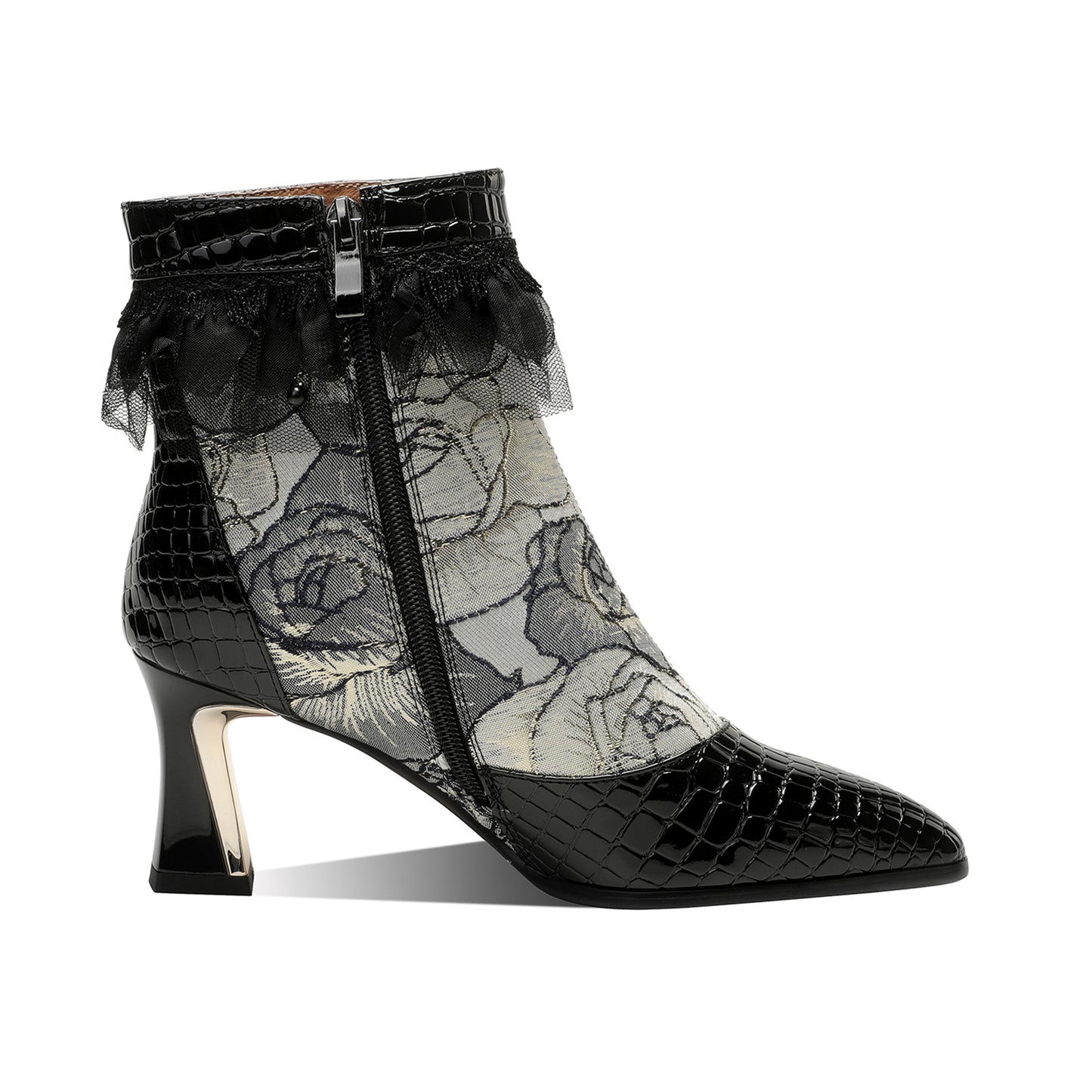 TinaCus Women's Genuine Leather Embroidery Flowers Lace Mid Heel Handmade Side Zip Ankle Boots