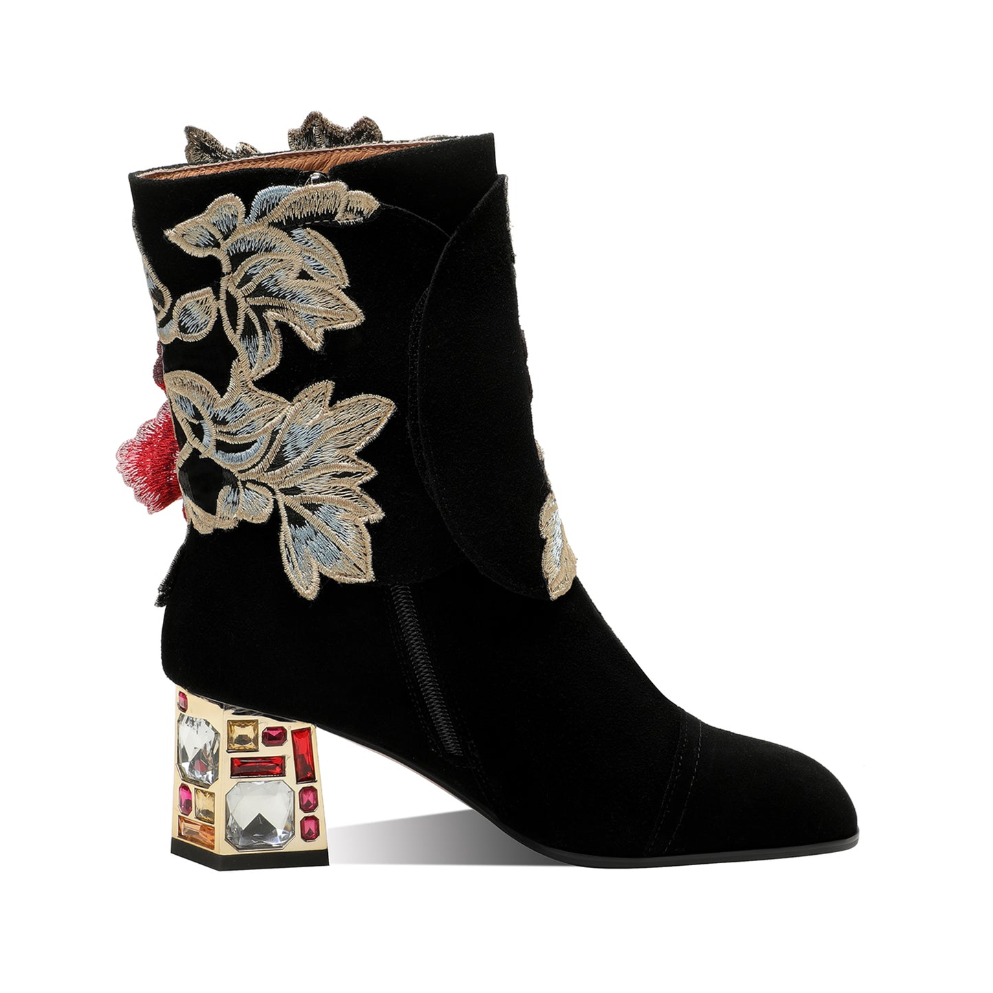 TinaCus Women's Suede Leather Detachable Flower Handmade Crystal Chunky Heel Zip Up Boots