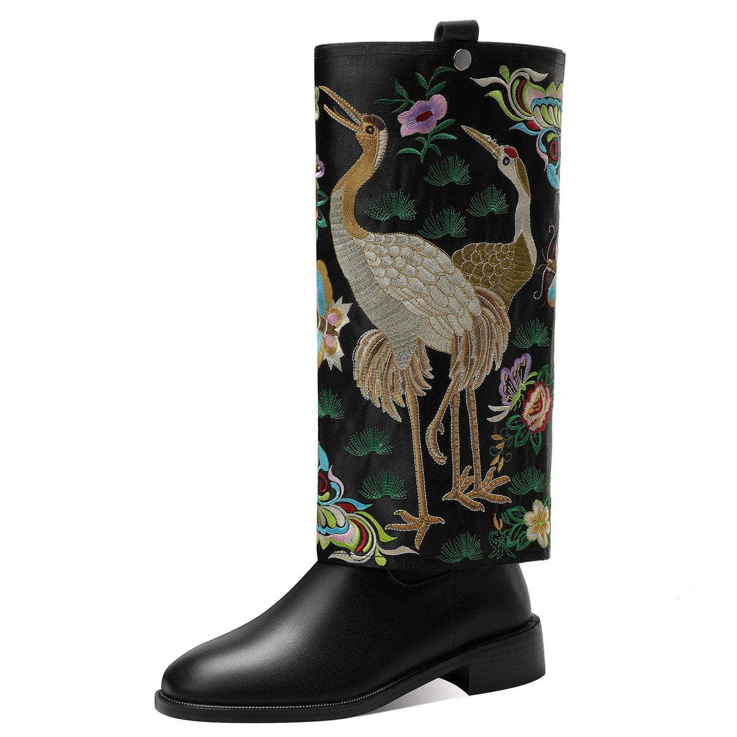 TinaCus Handmade Women's Genuine Leather Detachable Two Styles Zip Up Embroidery Bird Flowers Knee High Boots