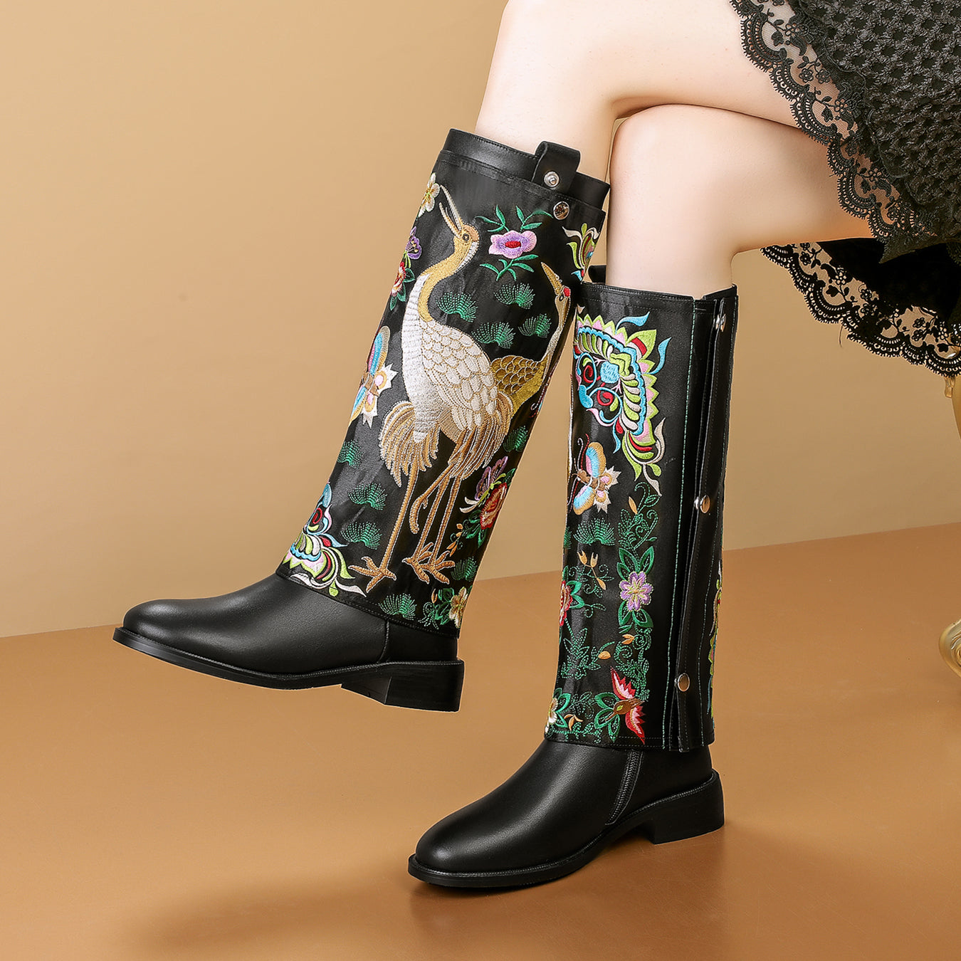 TinaCus Handmade Women's Genuine Leather Detachable Two Styles Zip Up Embroidery Bird Flowers Knee High Boots