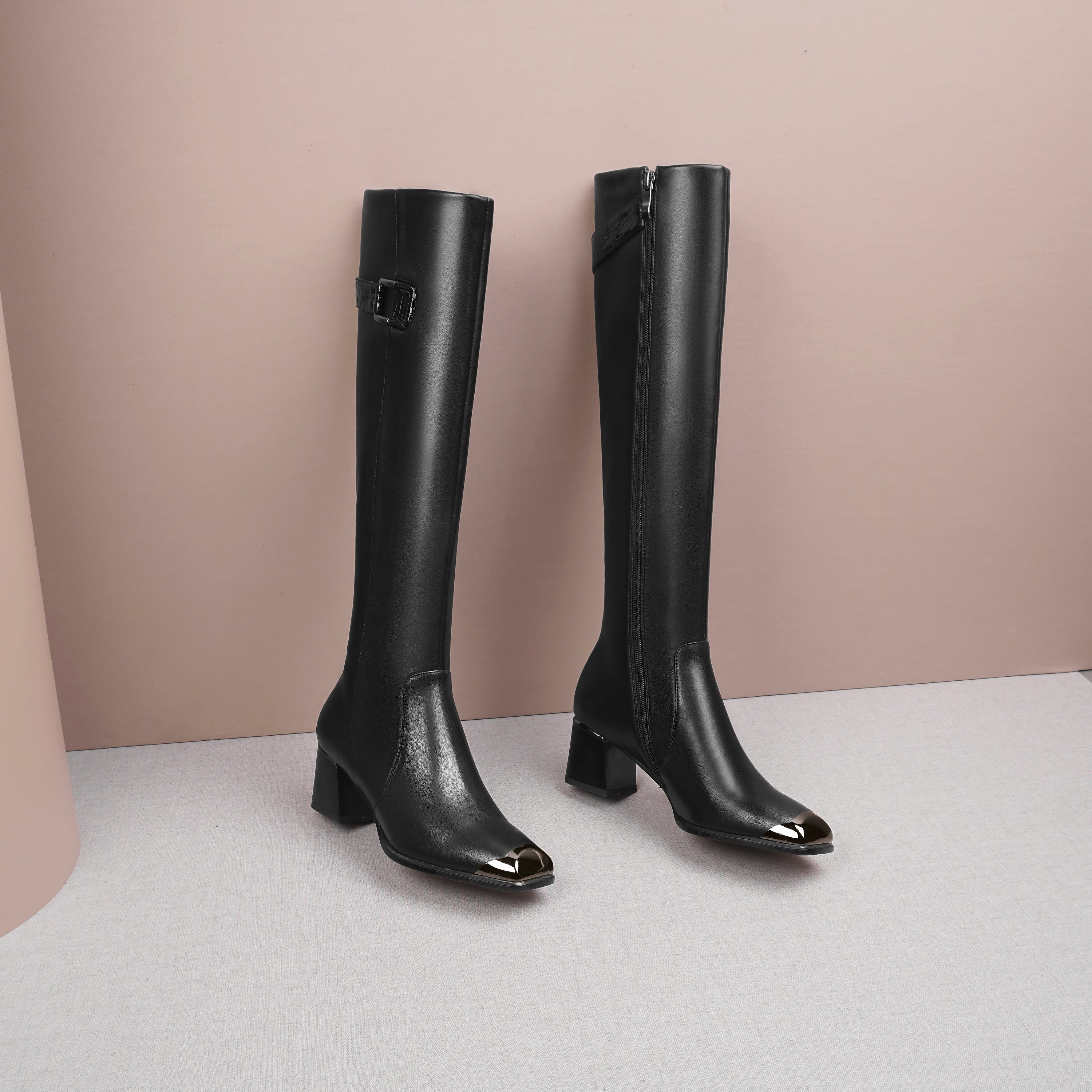 TinaCus Handmade Women's Genuine Leather Square Toe Mid Chunky Heel Si
