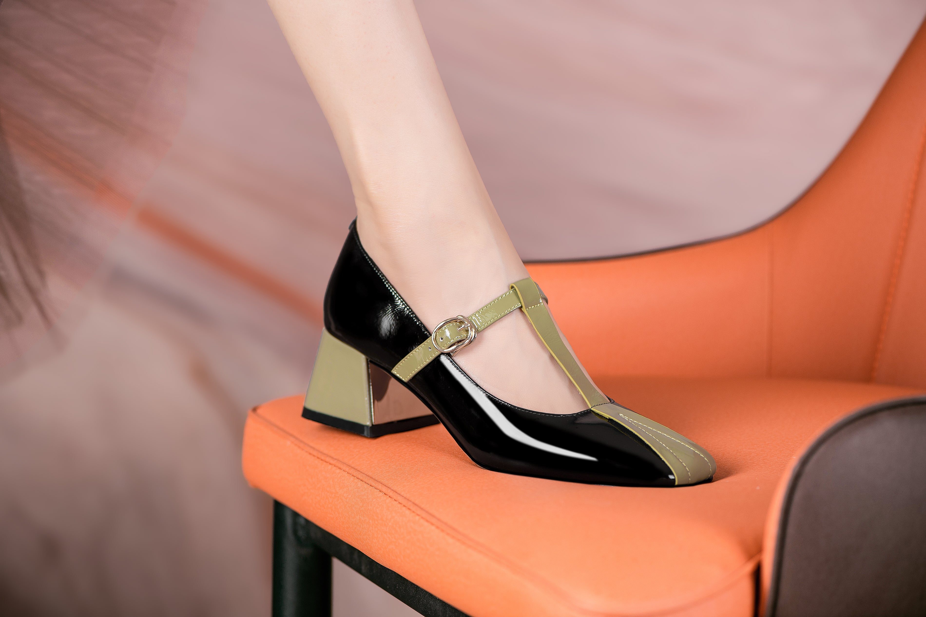 TinaCus Women's Handmade Patent Leather Square Toe Chunky Heel T-Shape