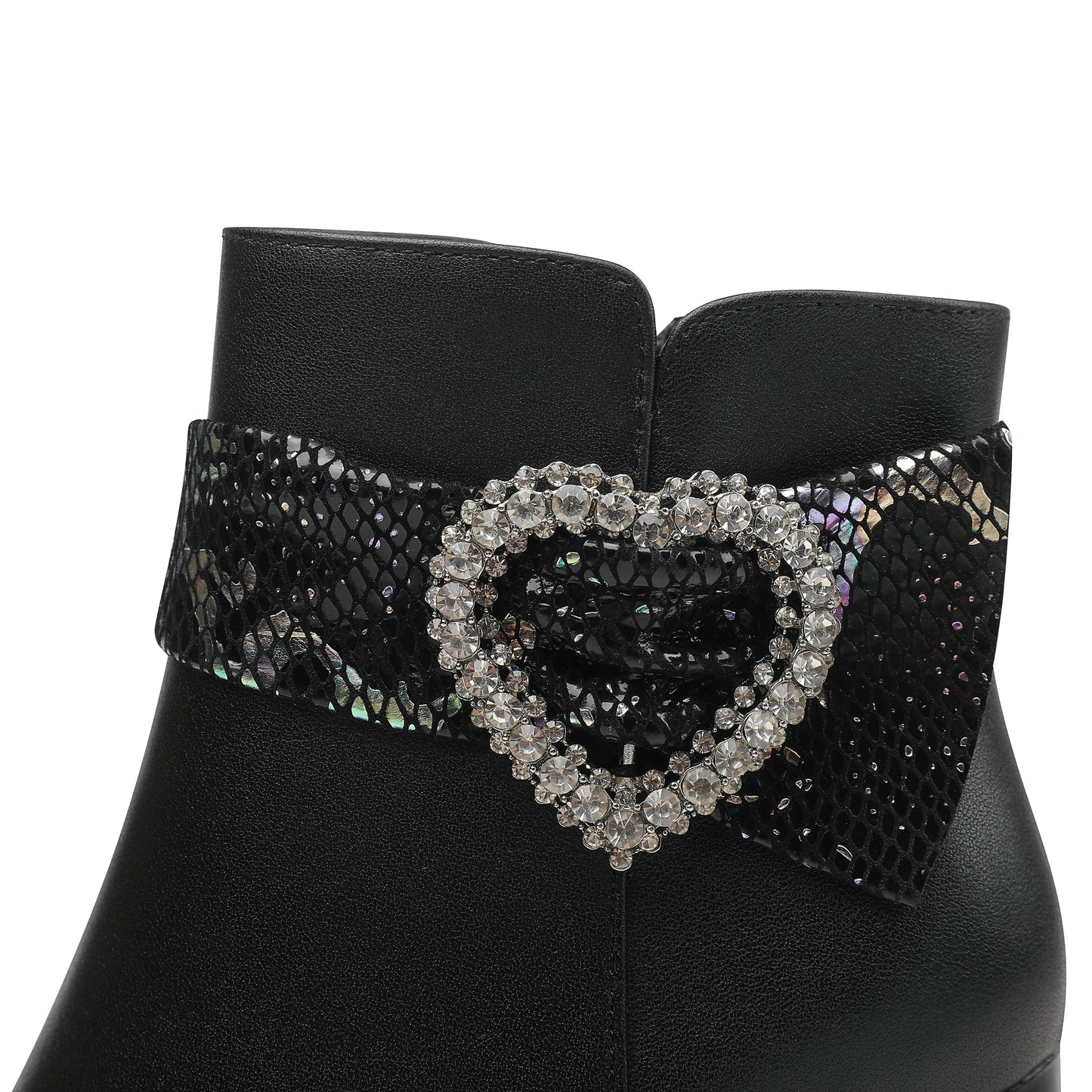 TinaCus Handmade Women's Genuine Leather Rhinestone Heart Décor Pointed Toe Mid Chunky Heel Side Zipper Ankle Boots